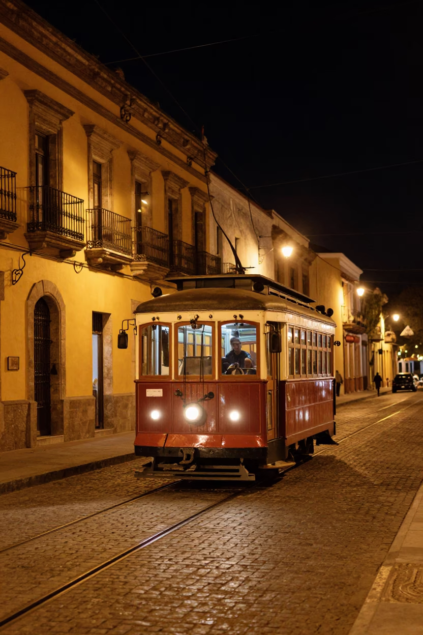Nighttime Oaxaca street scene with vintage tram and local vendors in in Oaxaca, Mexico