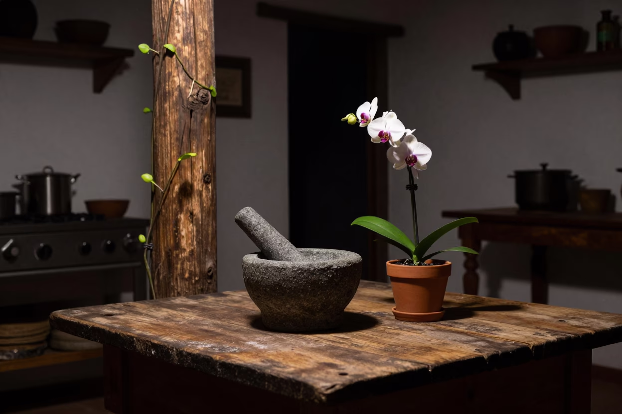 Nighttime Oaxacan Kitchen Interior with Mortar Pestle and Vanilla Orchid in in Oaxaca, Mexico
