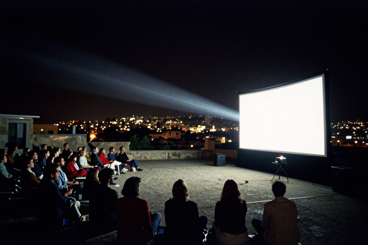 Nighttime Outdoor Cinema Scene in Amman Jordan with Local Audience and Projector in in Amman, Jordan