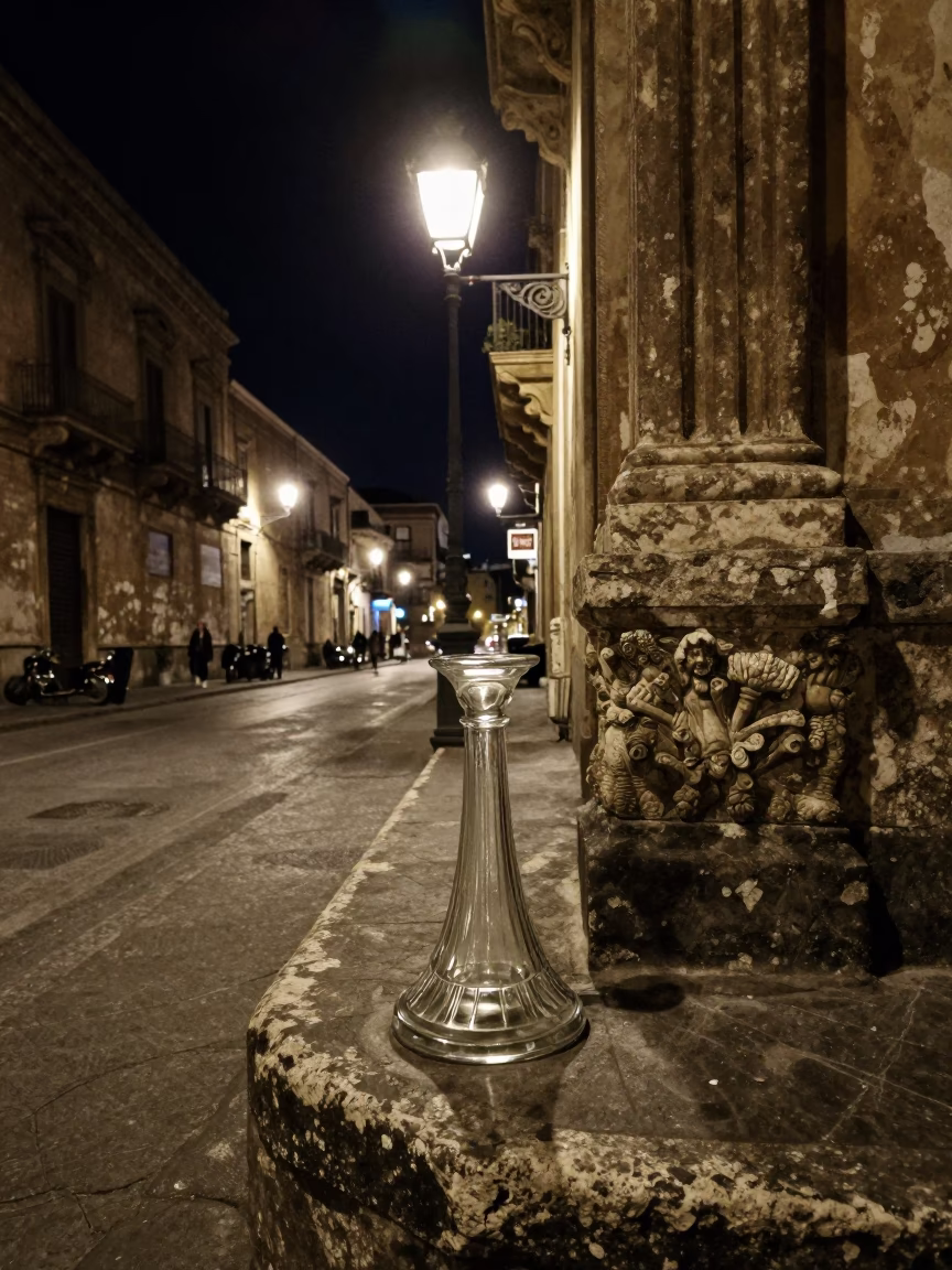 Nighttime Palermo Street Corner with Clear Glass Lamp Base and Oil Lamp Glow in in Palermo, Italy