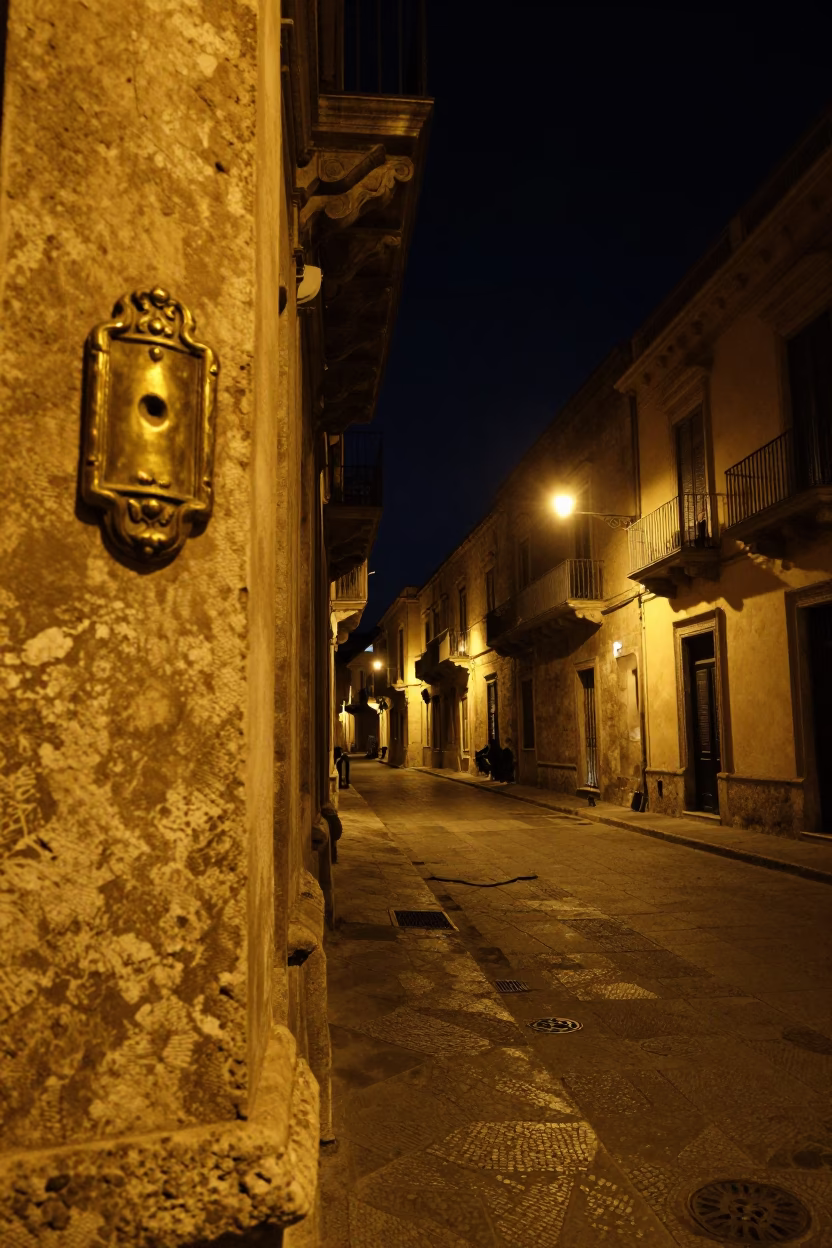 Nighttime Palermo Street Scene with Brass Escutcheon Detail and Urban Ambiance in in Palermo, Italy