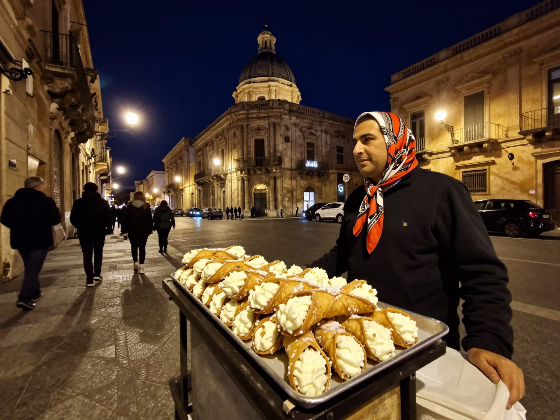 Nighttime Palermo Street Scene with Cannoli and Traditional Scarf in in Palermo, Italy
