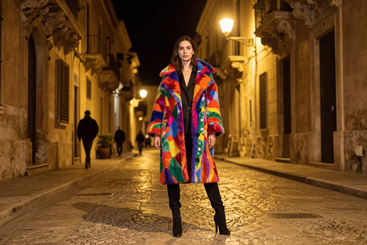 Nighttime Palermo Street Scene with Colorful Fashion and Local Market Elements in in Palermo, Italy