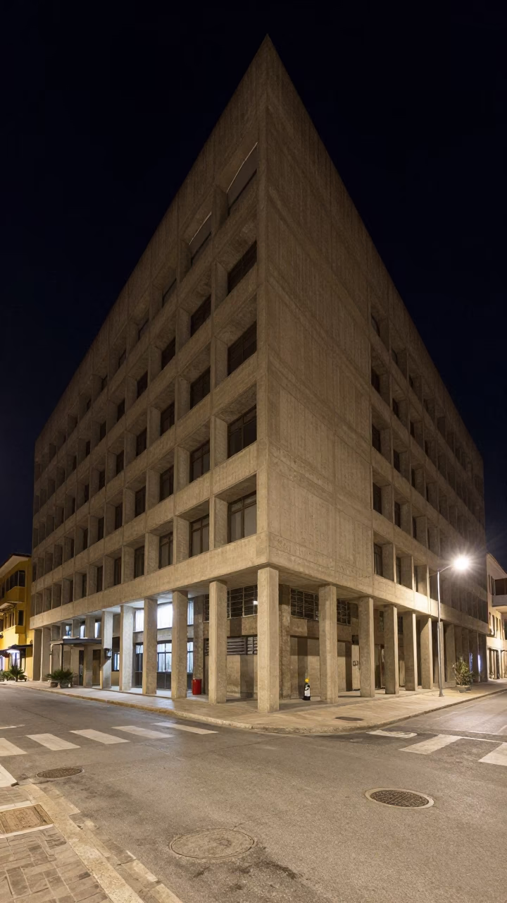 Nighttime Palermo Street Scene with Concrete Brutalist Architecture and Local Urban Details in in Palermo, Italy
