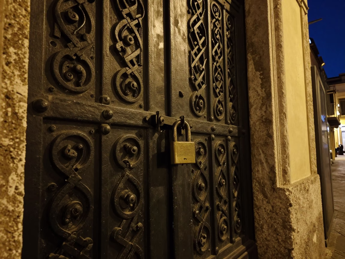 Nighttime Palermo Street Scene with Deadbolt Lock and Patterned Rug Detail in in Palermo, Italy