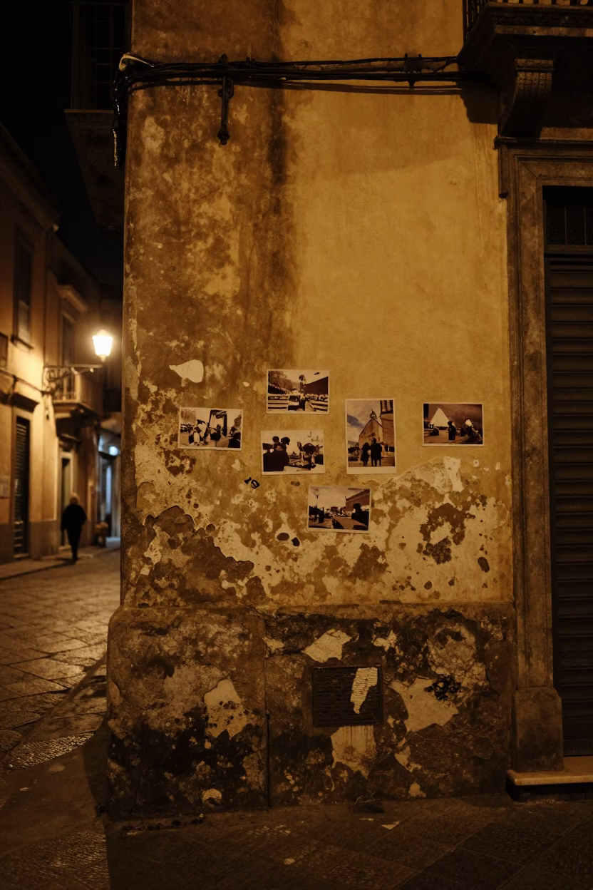 Nighttime Palermo Street Scene with Faded Wall Photos and Tea Stains in in Palermo, Italy