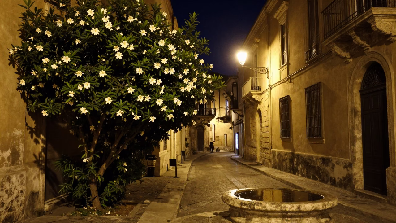 Nighttime Palermo Street Scene with Gardenia Bush and Dimly Lit Basin Under Deep Sky in in Palermo, Italy