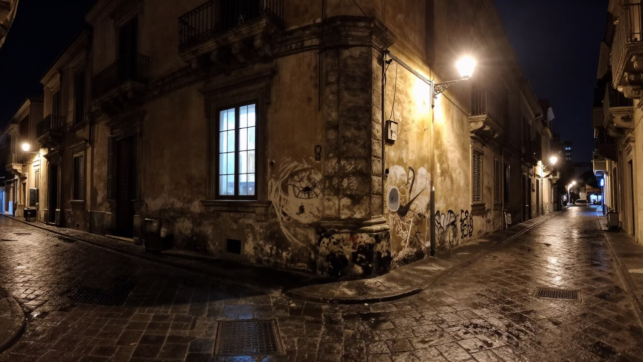 Nighttime Palermo Street Scene with Glowing Window and Grease Sheen in in Palermo, Italy