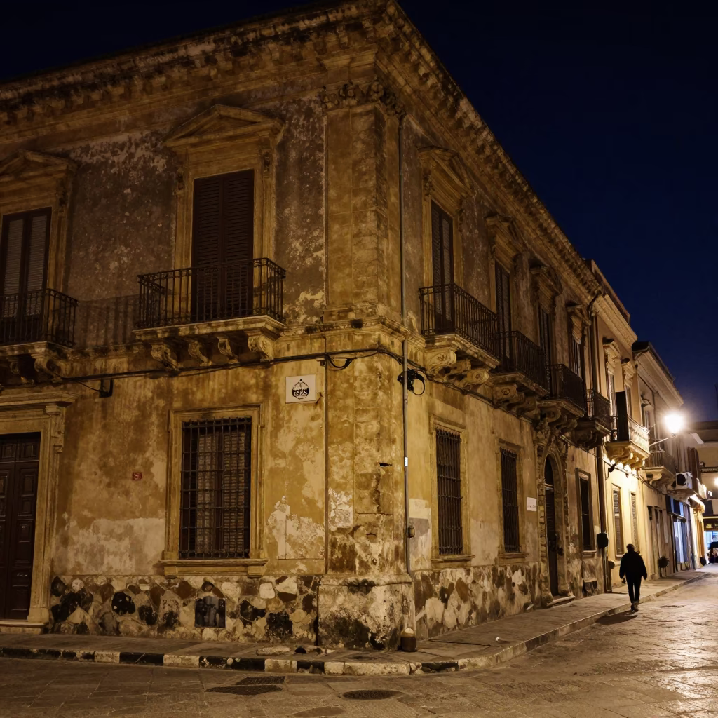 Nighttime Palermo street scene with historic architecture and local life under deep night sky in in Palermo, Italy