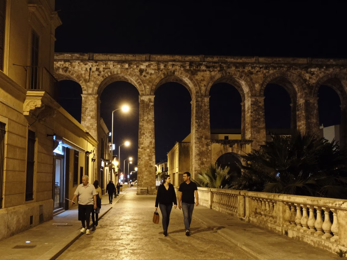 Nighttime Palermo Street Scene with Railway Viaduct and Walking Couple in in Palermo, Italy