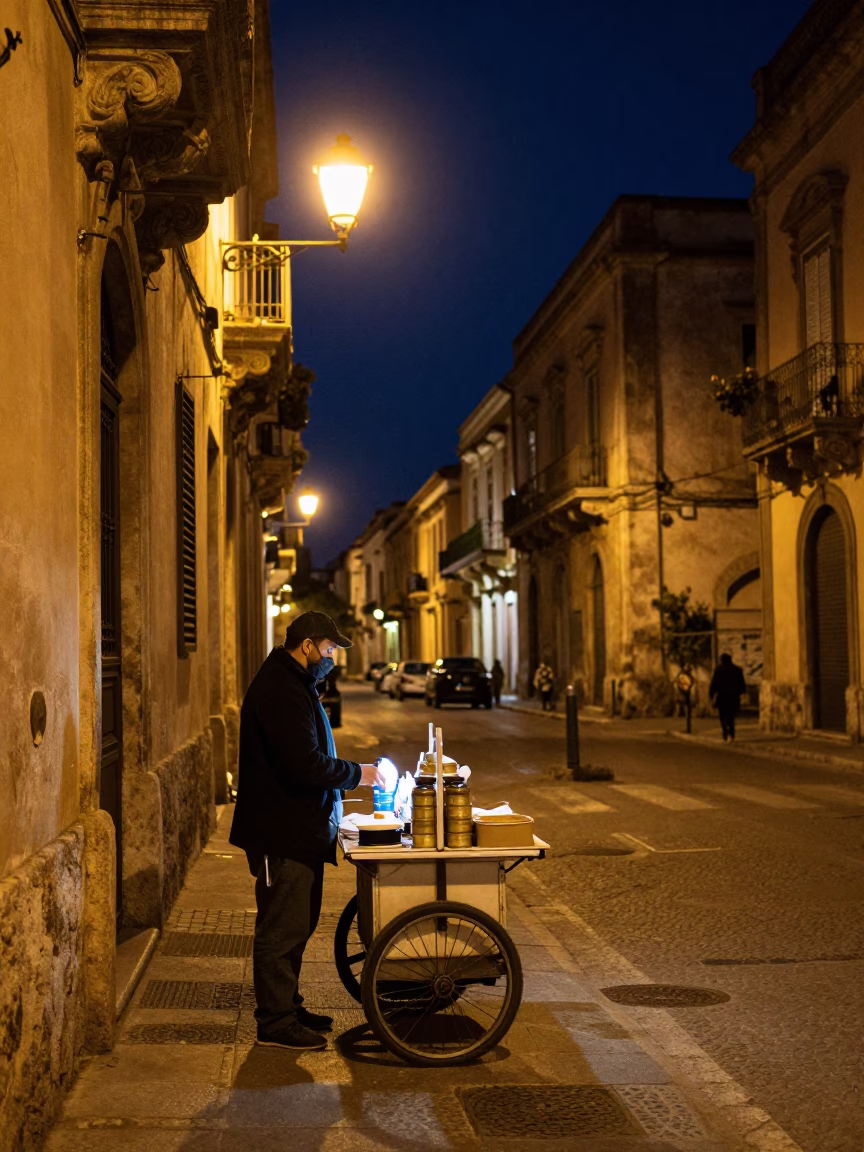 Nighttime Palermo Street Scene with Tea Seller and Urban Details in in Palermo, Italy
