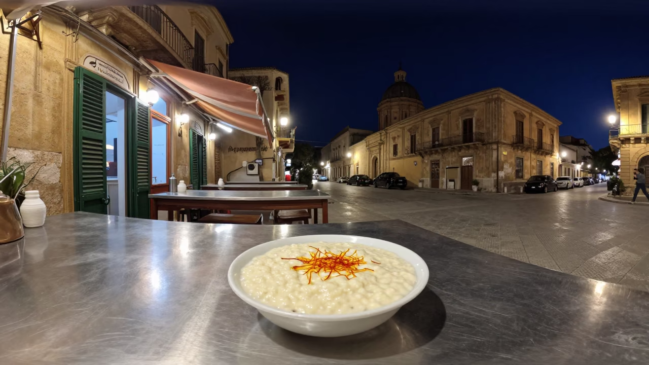 Nighttime Palermo street scene with traditional Sicilian dessert and ceramic tableware in in Palermo, Italy