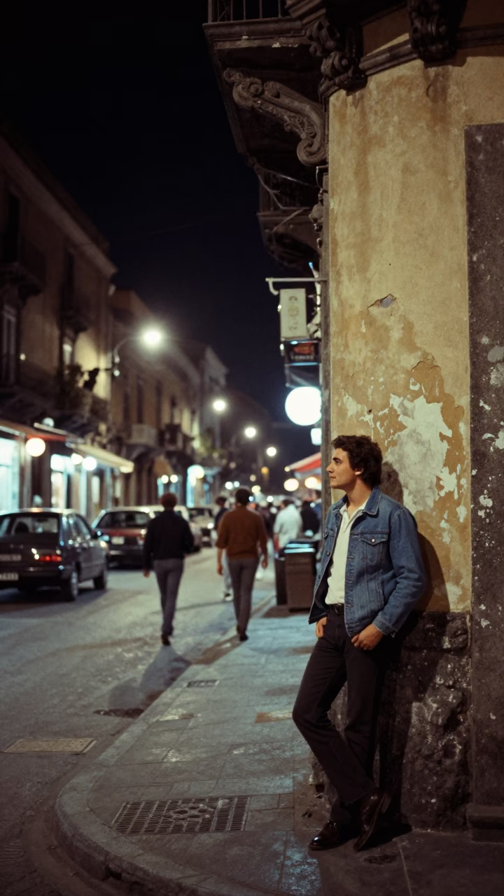 Nighttime Palermo Street Scene with Vintage 1970s Details and Local Life in in Palermo, Italy