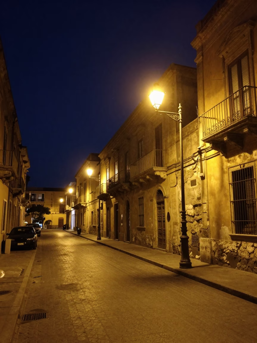 Nighttime Palermo Street Scene with Vintage 1980s Aesthetic and Urban Details in in Palermo, Italy