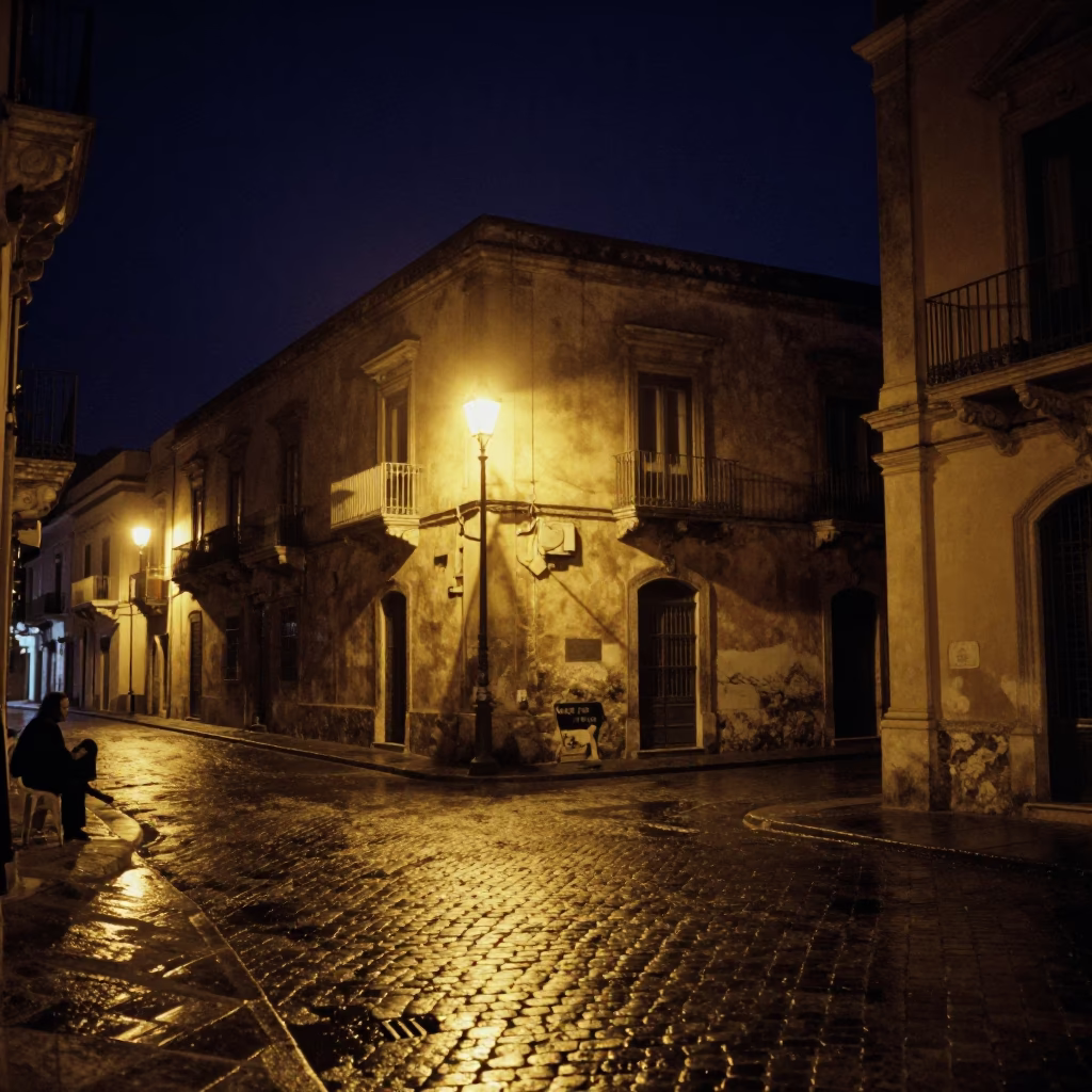 Nighttime Palermo Street Scene with Vintage 1990s Aesthetic and Local Life in in Palermo, Italy