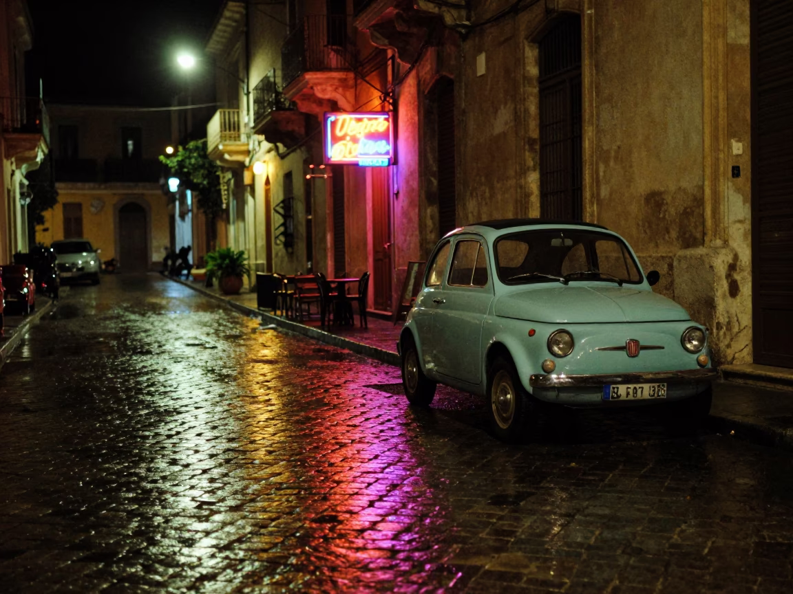 Nighttime Palermo Street Scene with Vintage Car and Neon Cafe Sign in in Palermo, Italy