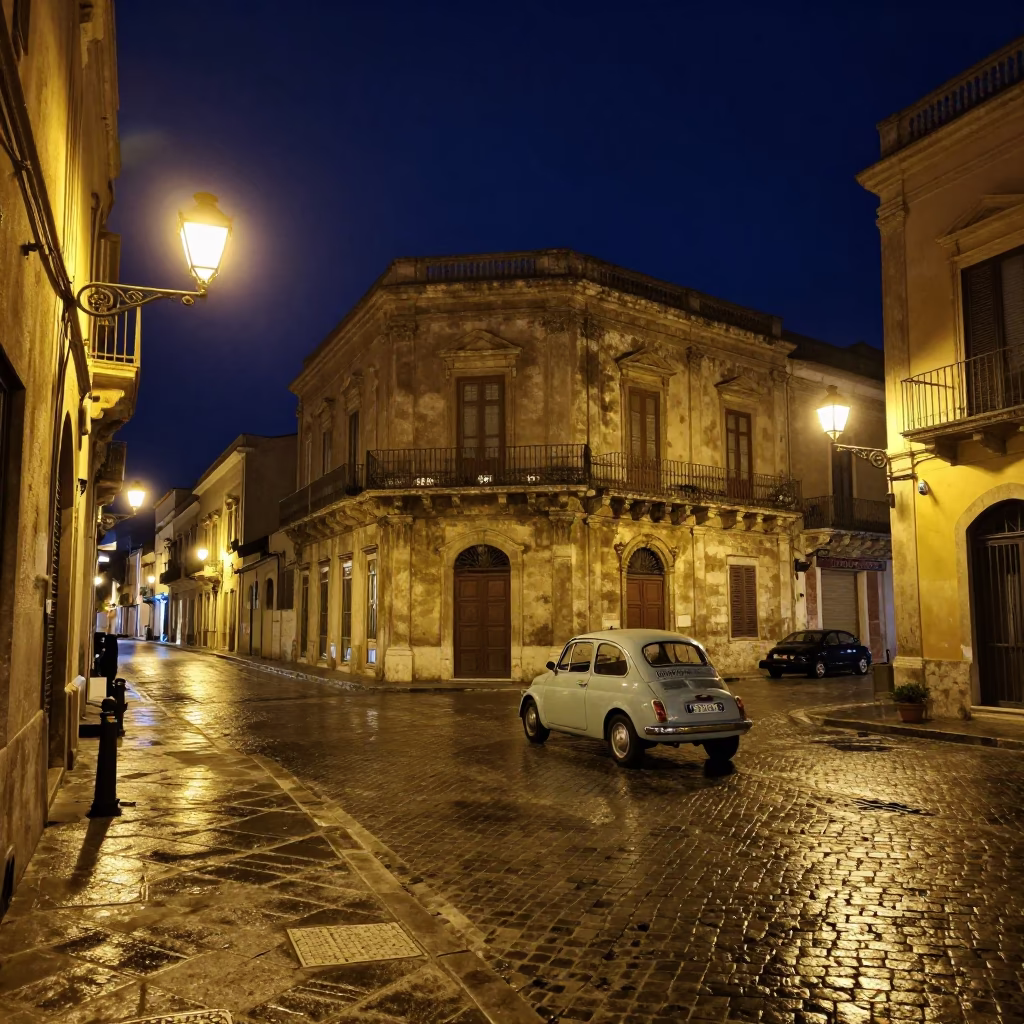 Nighttime Palermo Street Scene with Vintage Car and Urban Architecture in in Palermo, Italy
