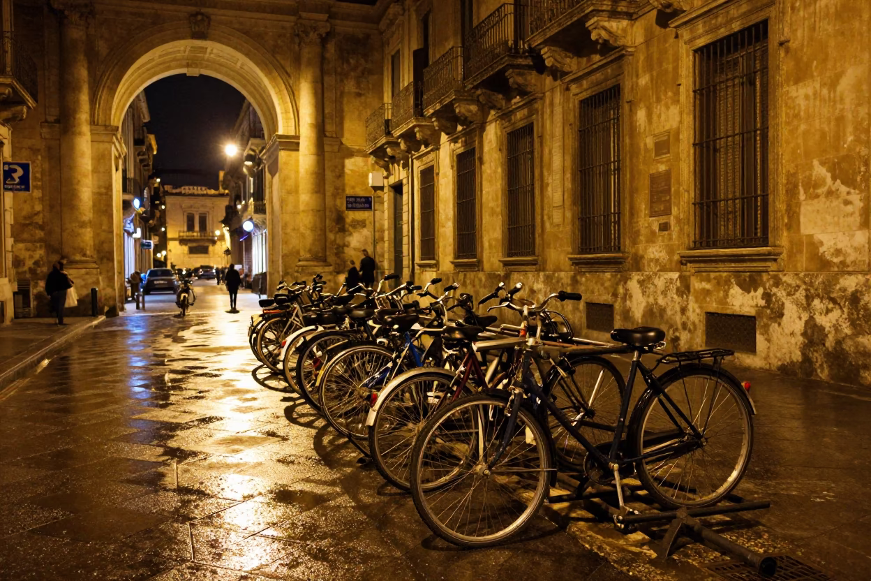 Nighttime Palermo Street Scene with Wet Bicycle Rack and Local Nightlife in in Palermo, Italy