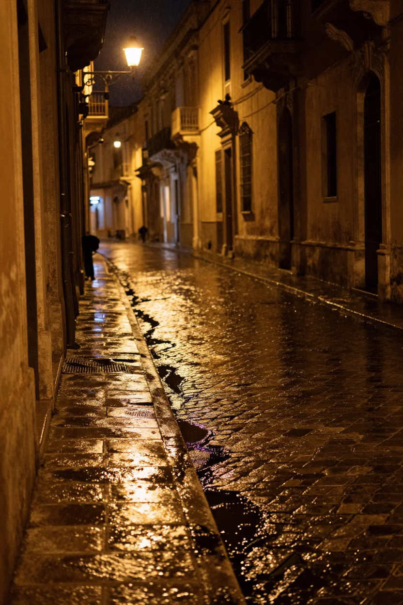 Nighttime Palermo Street Scene with Wet Pavement and Grease Sheen in in Palermo, Italy