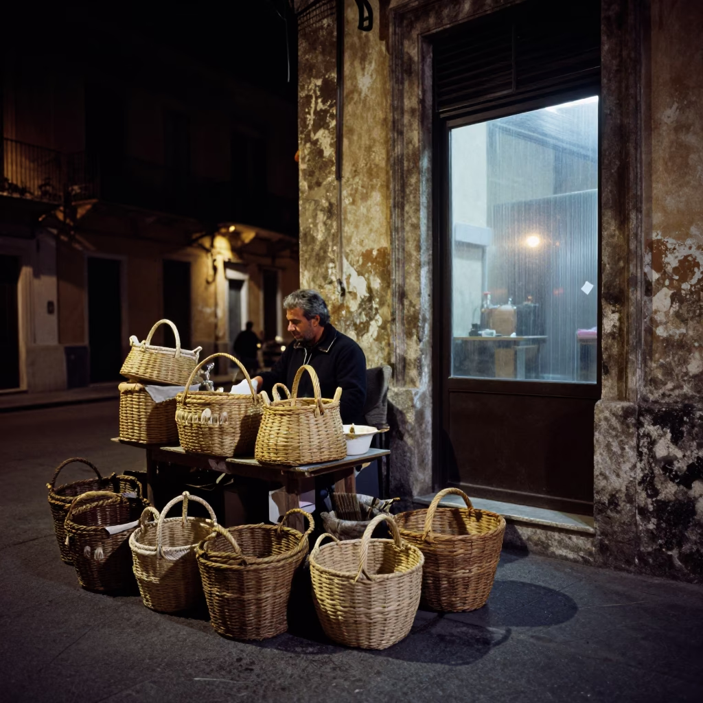 Nighttime Palermo Street Scene with Woven Baskets and Brushed Steel Reflections in in Palermo, Italy