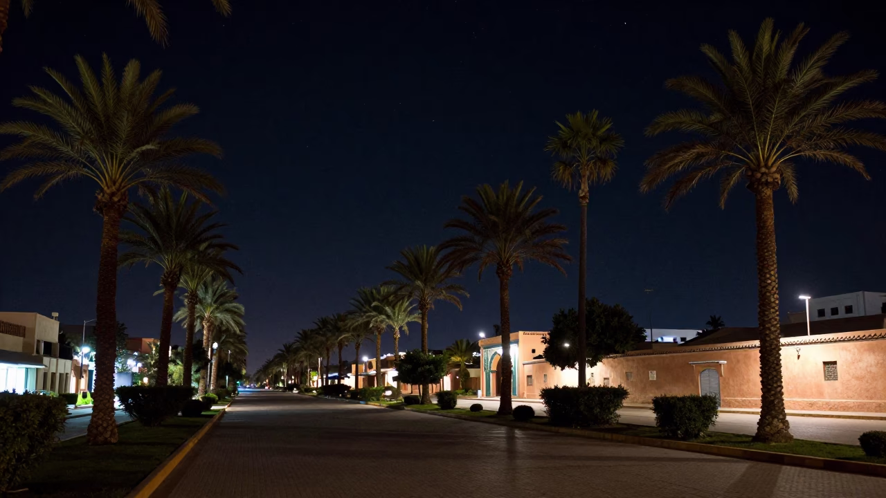 Nighttime Palm Avenue in Marrakech Morocco Under Deep Sky in in Marrakech, Morocco