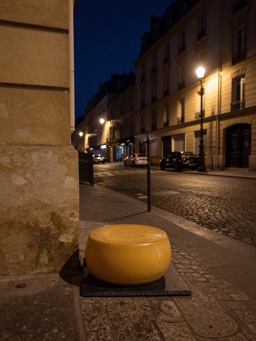 Nighttime Paris Street Scene with Ceramic Beehive Cheese Dome and Flowering Plant in in Paris, France