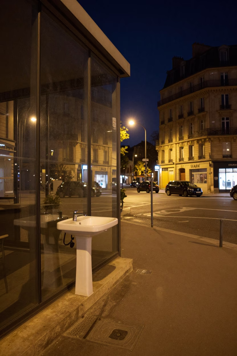 Nighttime Paris Street Scene with Clear Glass Wall and Wash Basin Reflection in in Paris, France