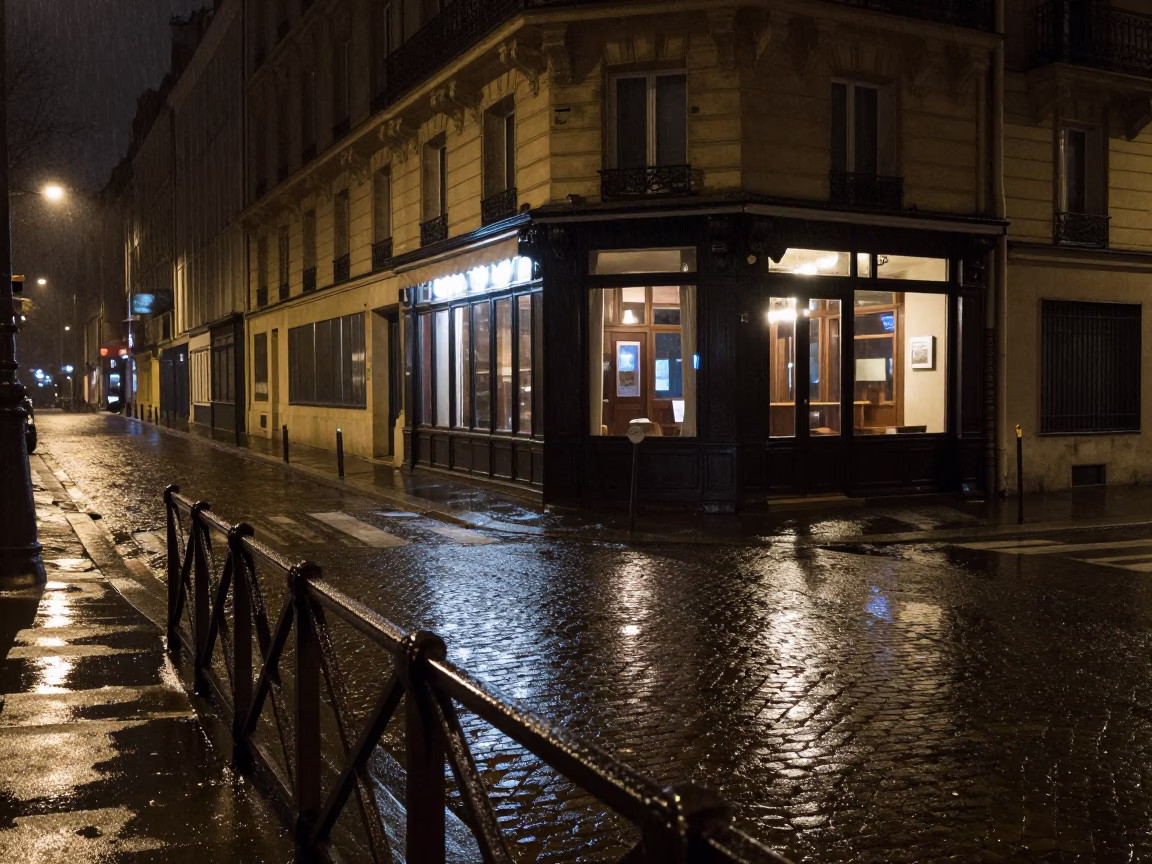 Nighttime Paris Street Scene with Condensation and Urban Details in in Paris, France