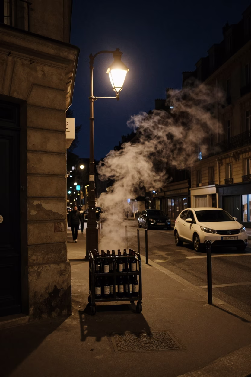 Nighttime Paris Street Scene with Steam and Bottle Caddy in in Paris, France