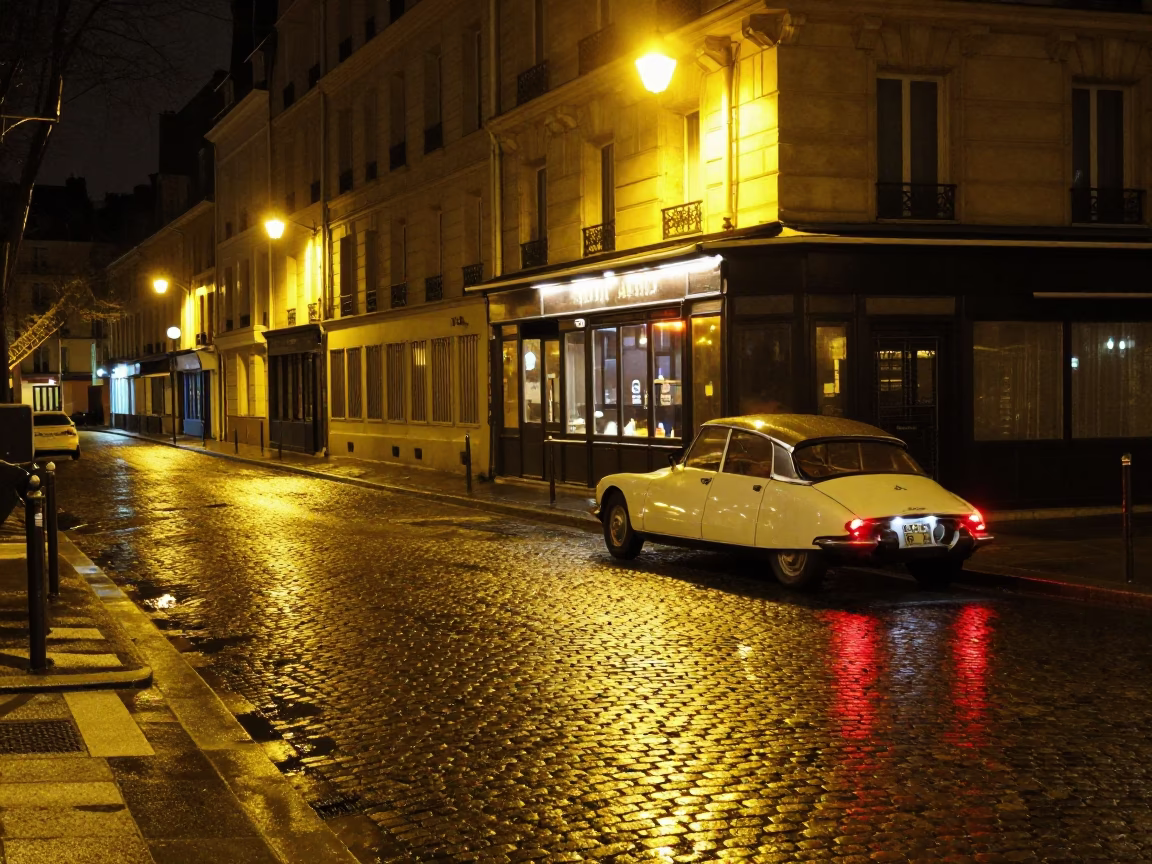 Nighttime Paris Street Scene with Vintage Car and Cobblestone Architecture in in Paris, France
