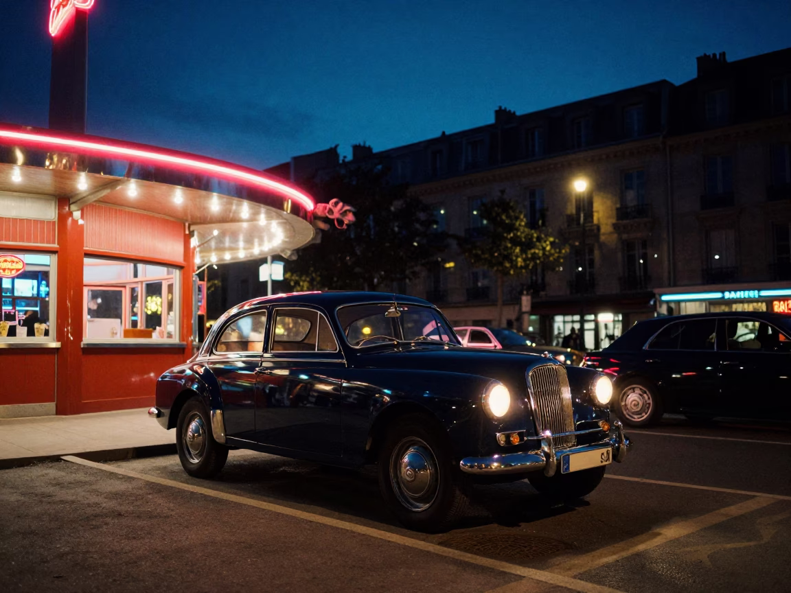 Nighttime Paris Street Scene with Vintage Car and Gargoyle on Cathedral Scaffold in in Paris, France