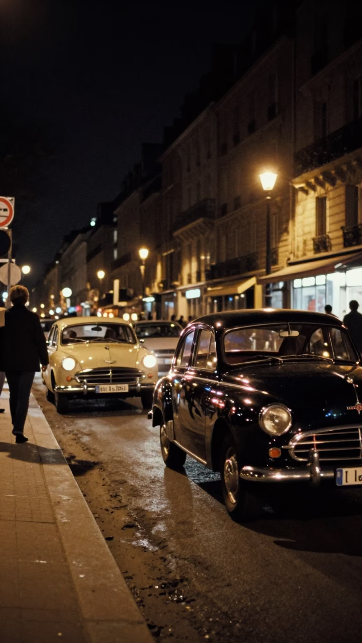 Nighttime Paris Street Scene with Vintage Car Rally and Grease Sheen Detail in in Paris, France
