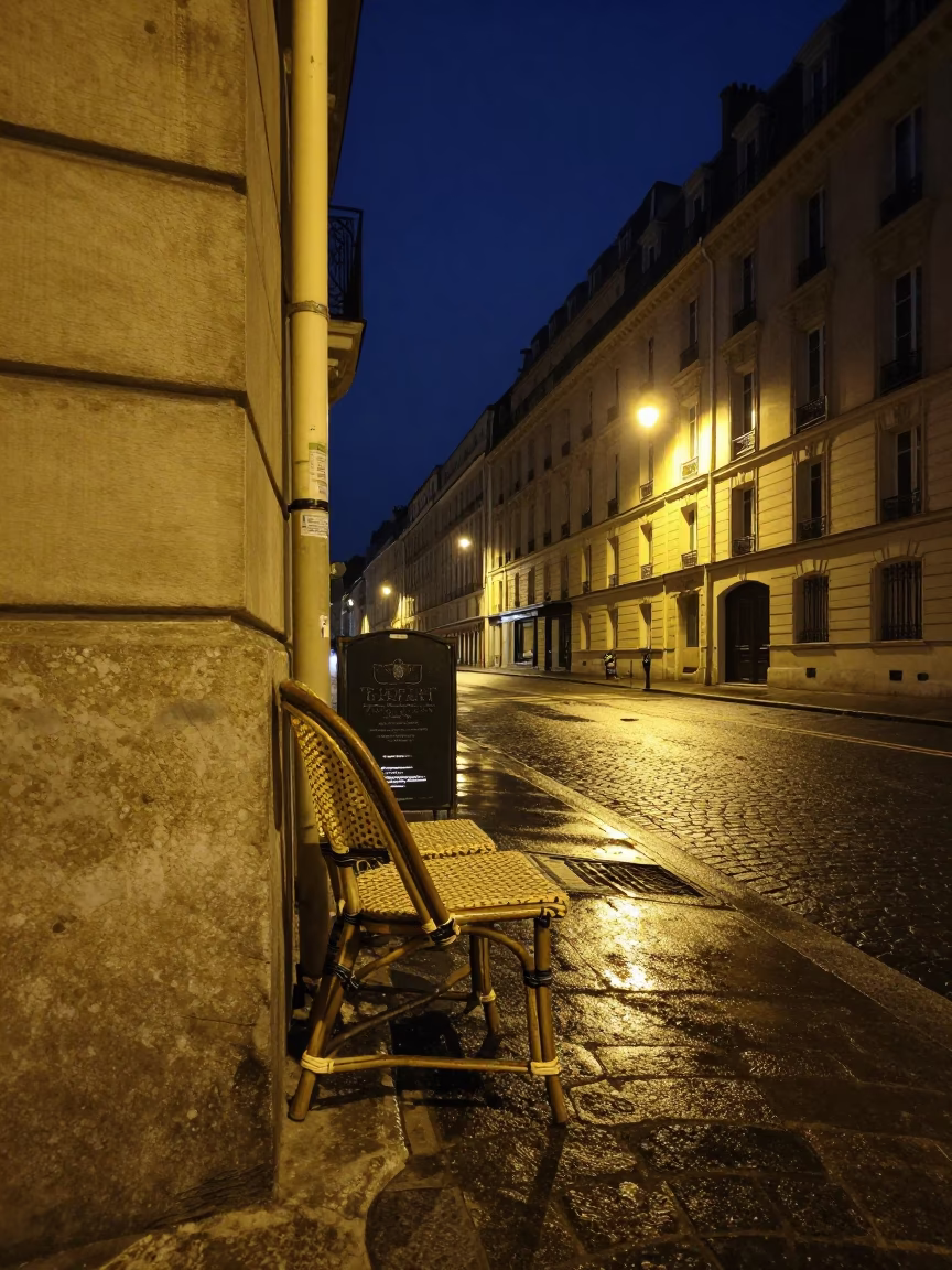 Nighttime Parisian Street Scene with Vintage Rattan Chair and Local Street Vendor in in Paris, France