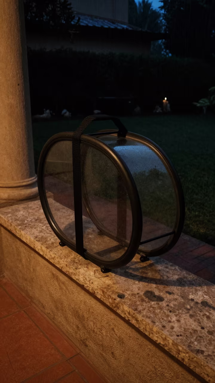 Nighttime Pedal Strap Bin on Stone Ledge in on a stone ledge in Villa Nueva