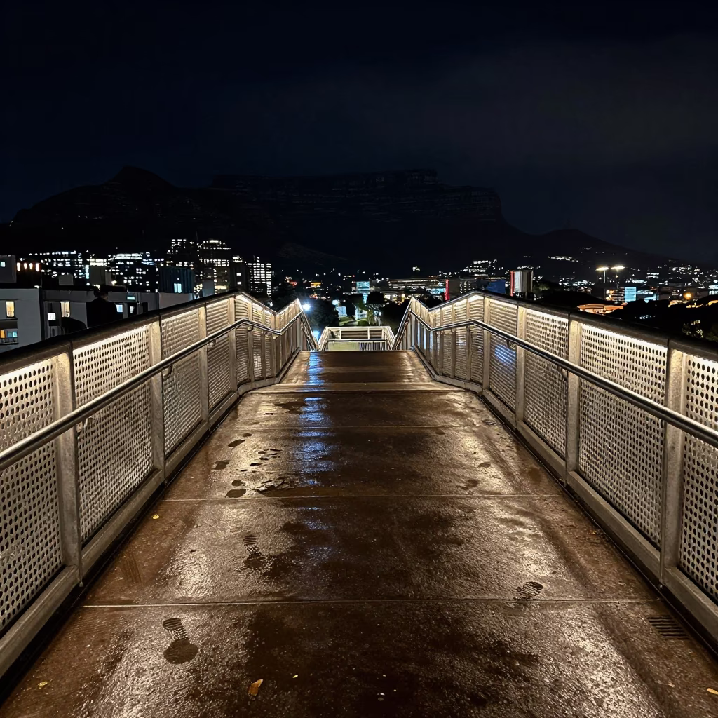 Nighttime Pedestrian Overpass in Cape Town with Wet Footprints and Metal Grating in in Cape Town, South Africa