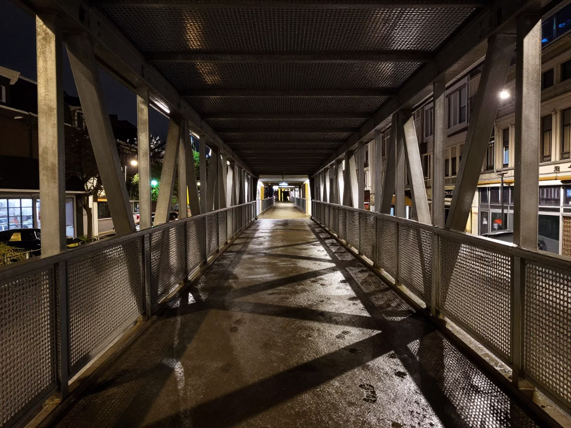 Nighttime Pedestrian Overpass with Wet Footsteps and Condensation in Brussels Belgium in in Brussels, Belgium