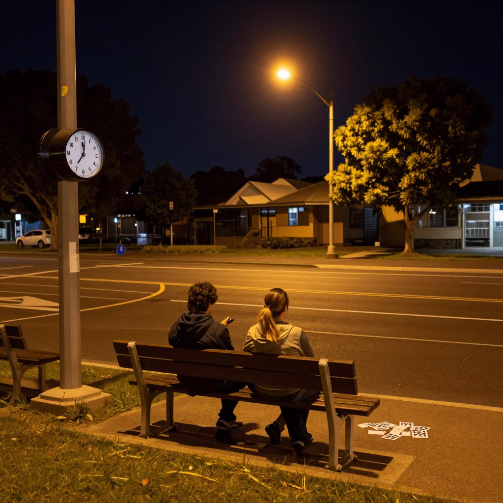 Nighttime Perth Street Scene with Chess Clock and Cards on Park Bench in in Perth, Western Australia, Australia