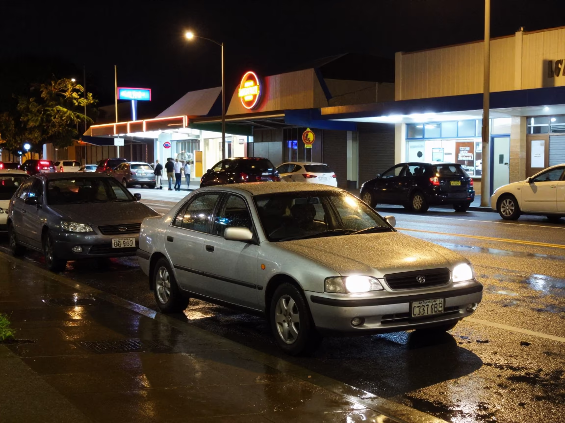 Nighttime Perth street scene with parked cars and illuminated building facade in in Perth, Western Australia, Australia