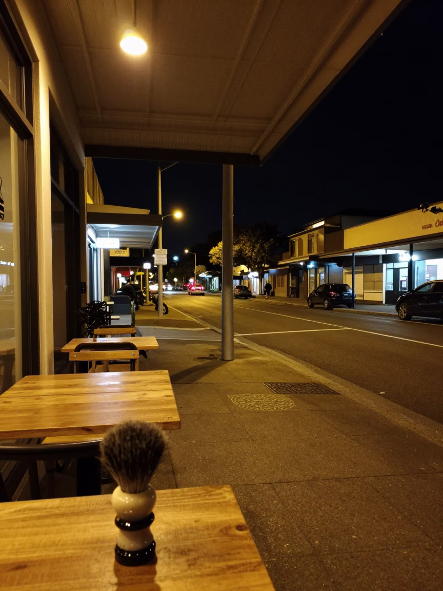 Nighttime Perth Street Scene with Shaving Brush on Cafe Counter in in Perth, Western Australia, Australia