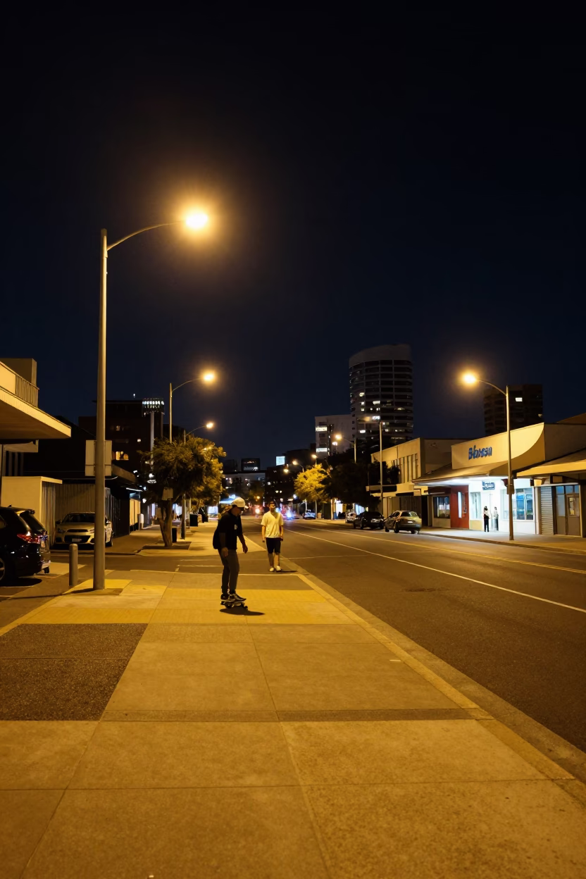 Nighttime Perth Street Scene with Skateboarder and Urban Elements Under Deep Sky in in Perth, Western Australia, Australia