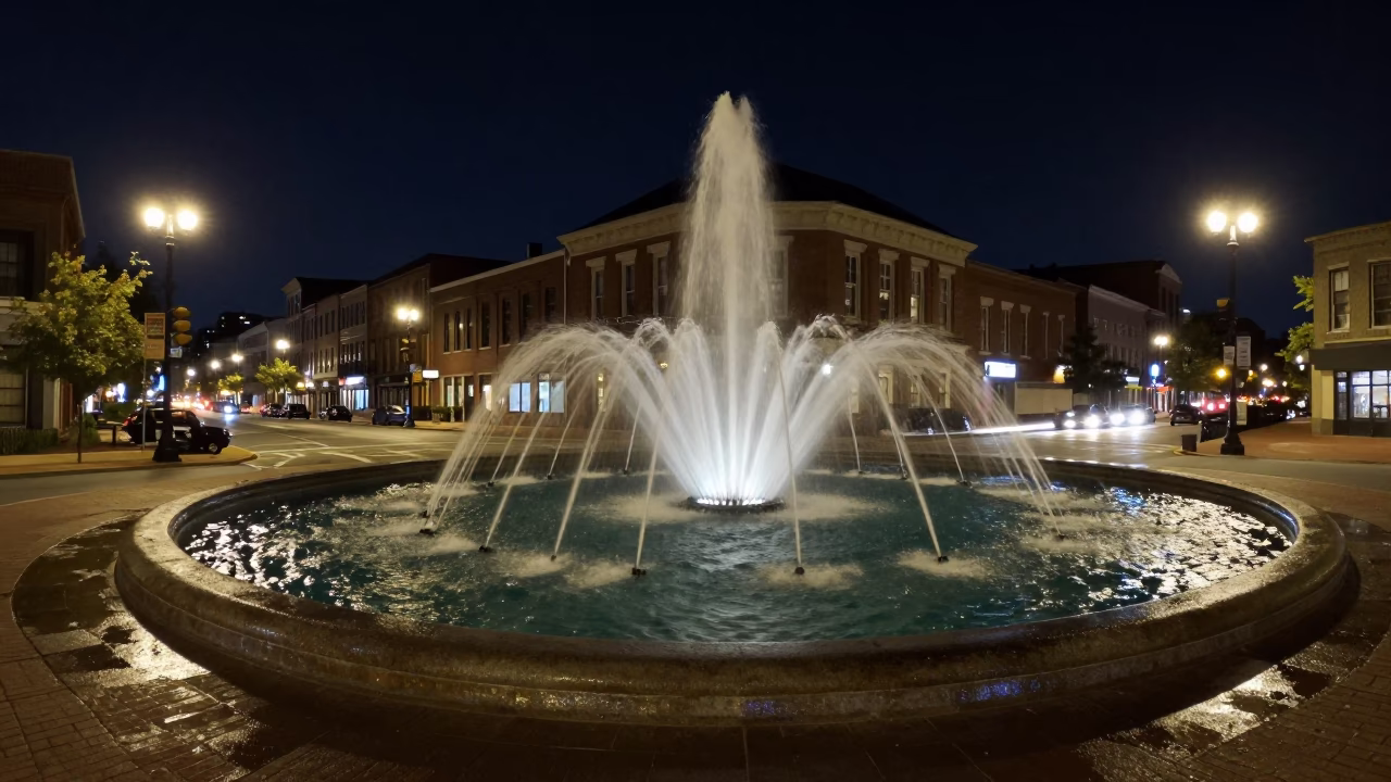 Nighttime Philadelphia Street Scene with Fountain Spray and Urban Rust Details in in Philadelphia, Pennsylvania, United States