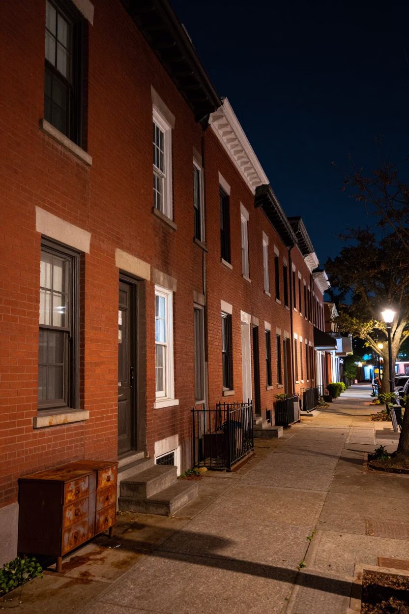 Nighttime Philadelphia Street Scene with Red Brick Buildings and City Lights in in Philadelphia, Pennsylvania, United States