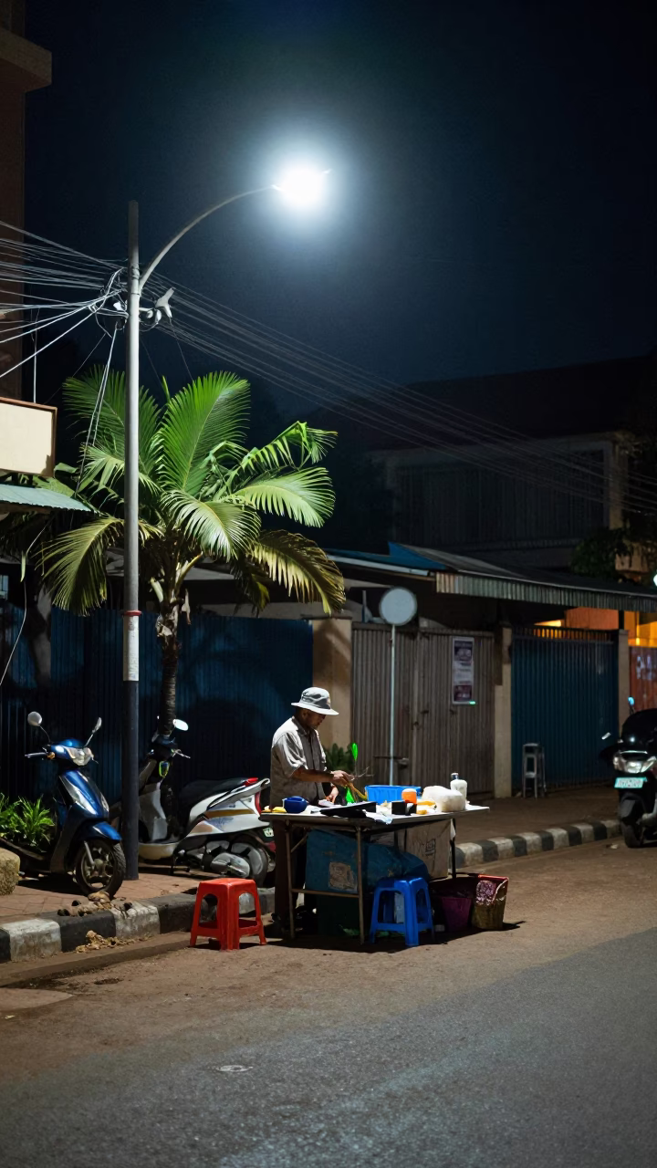 Nighttime Phnom Penh Street Scene with Vendor and Hand Tool in Cambodia in in Phnom Penh, Cambodia