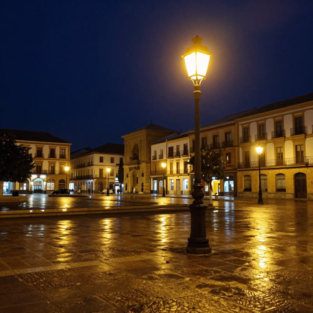 Nighttime Plaza de Bibarrambla in Granada Spain with Street Lamp and Pedestrians in in Granada, Spain
