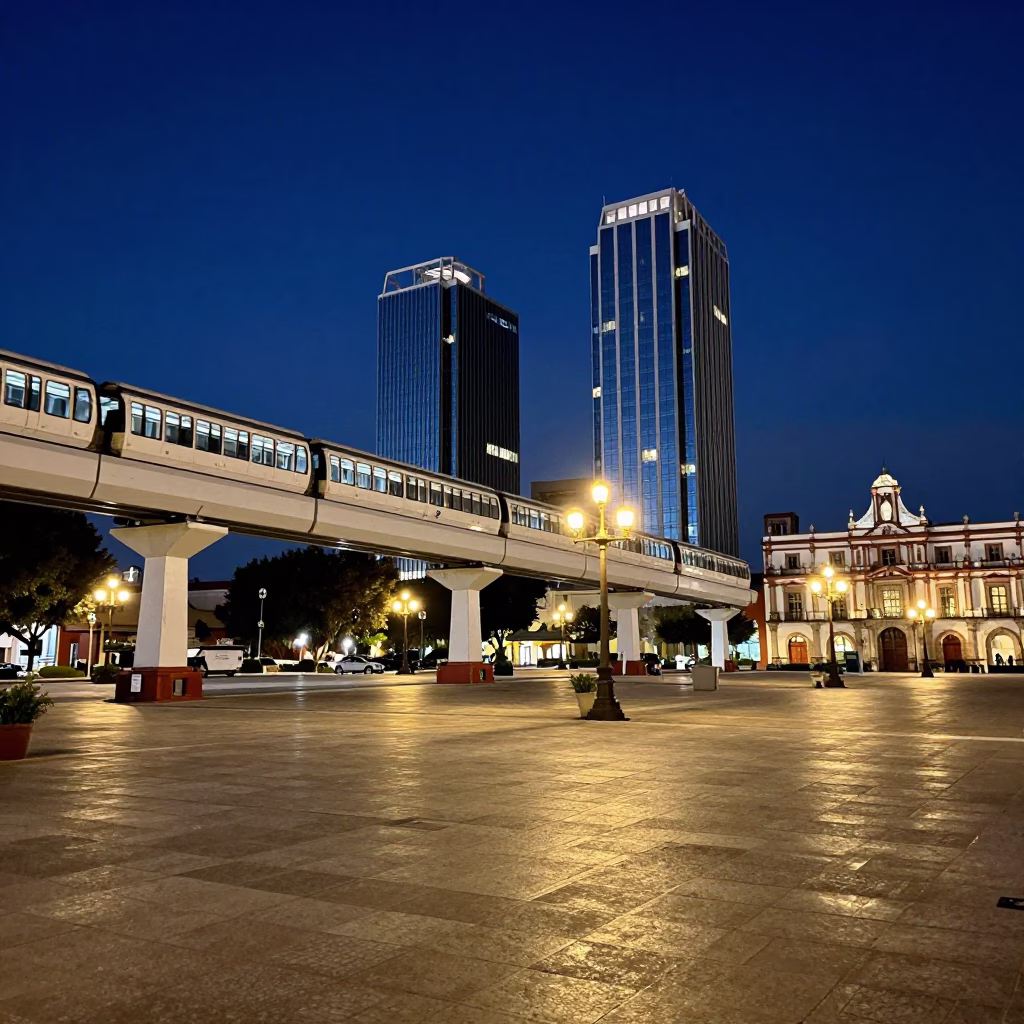 Nighttime Plaza Scene in Merida Mexico with Monorail and Colonial Architecture in in Merida, Mexico