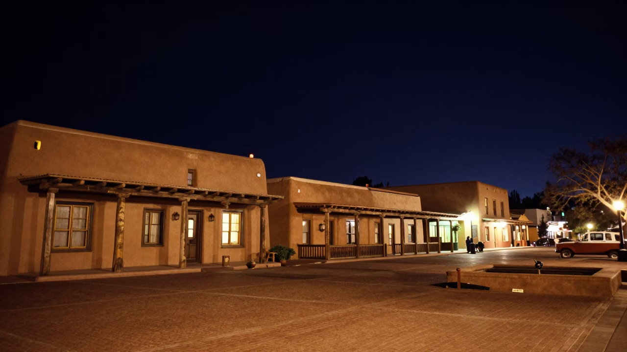 Nighttime Plaza Scene in Santa Fe New Mexico with Traditional Architecture and Street Lighting in in Santa Fe, New Mexico, United States