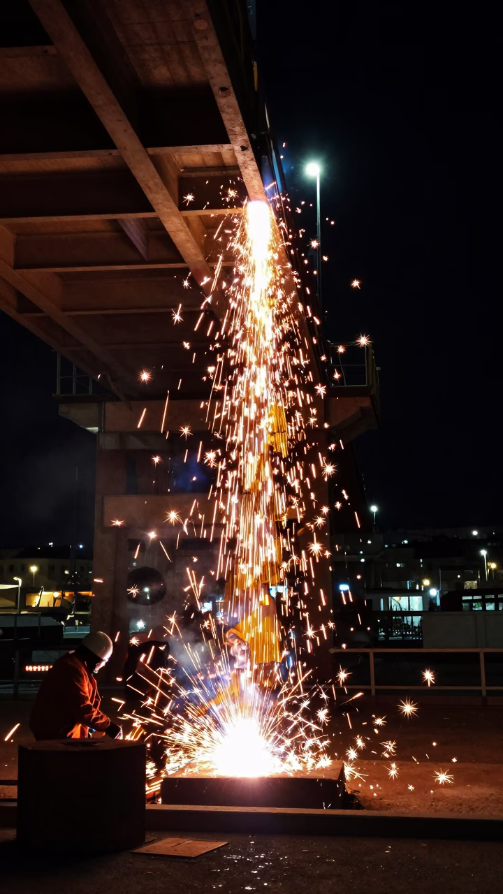 Nighttime Port Activity in Marseille France Under Bridge Construction with Welding Sparks in in Marseille, France