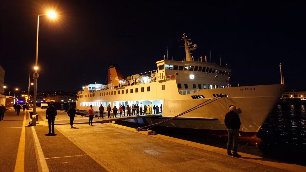 Nighttime Port of Marseille Ferry Dock Loading Passengers and Bicycles Under Streetlights in in Marseille, France