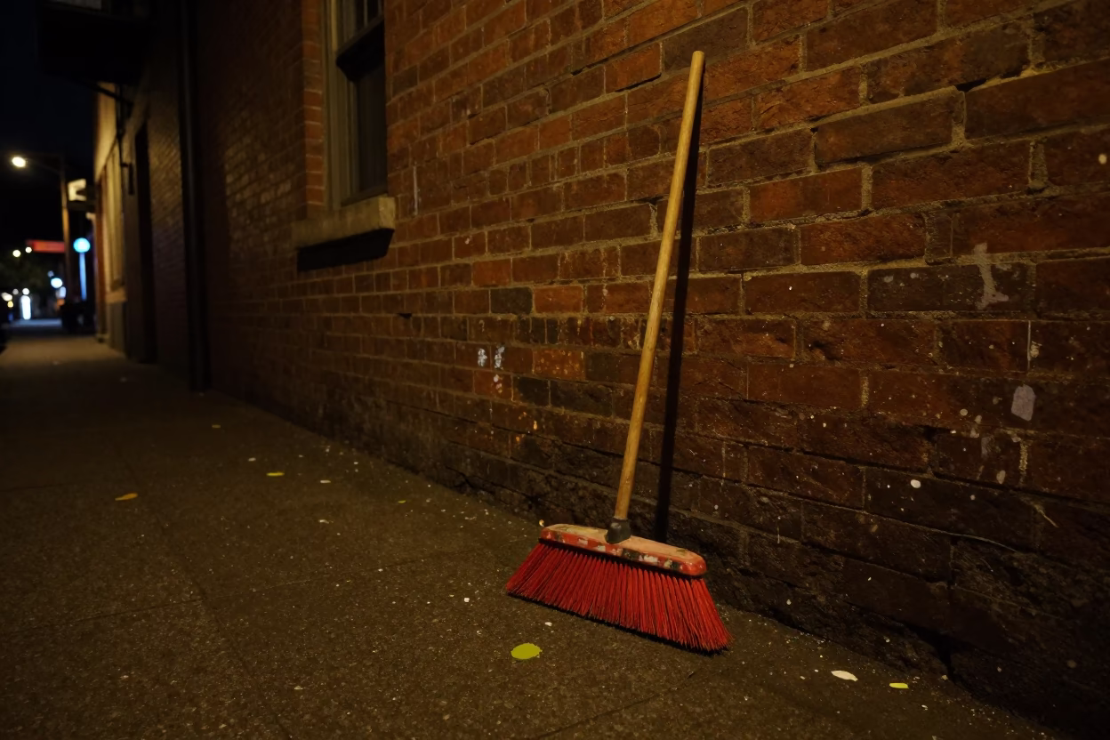 Nighttime Portland Oregon Street Scene with Broom and Paint Flecks in in Portland, Oregon, United States