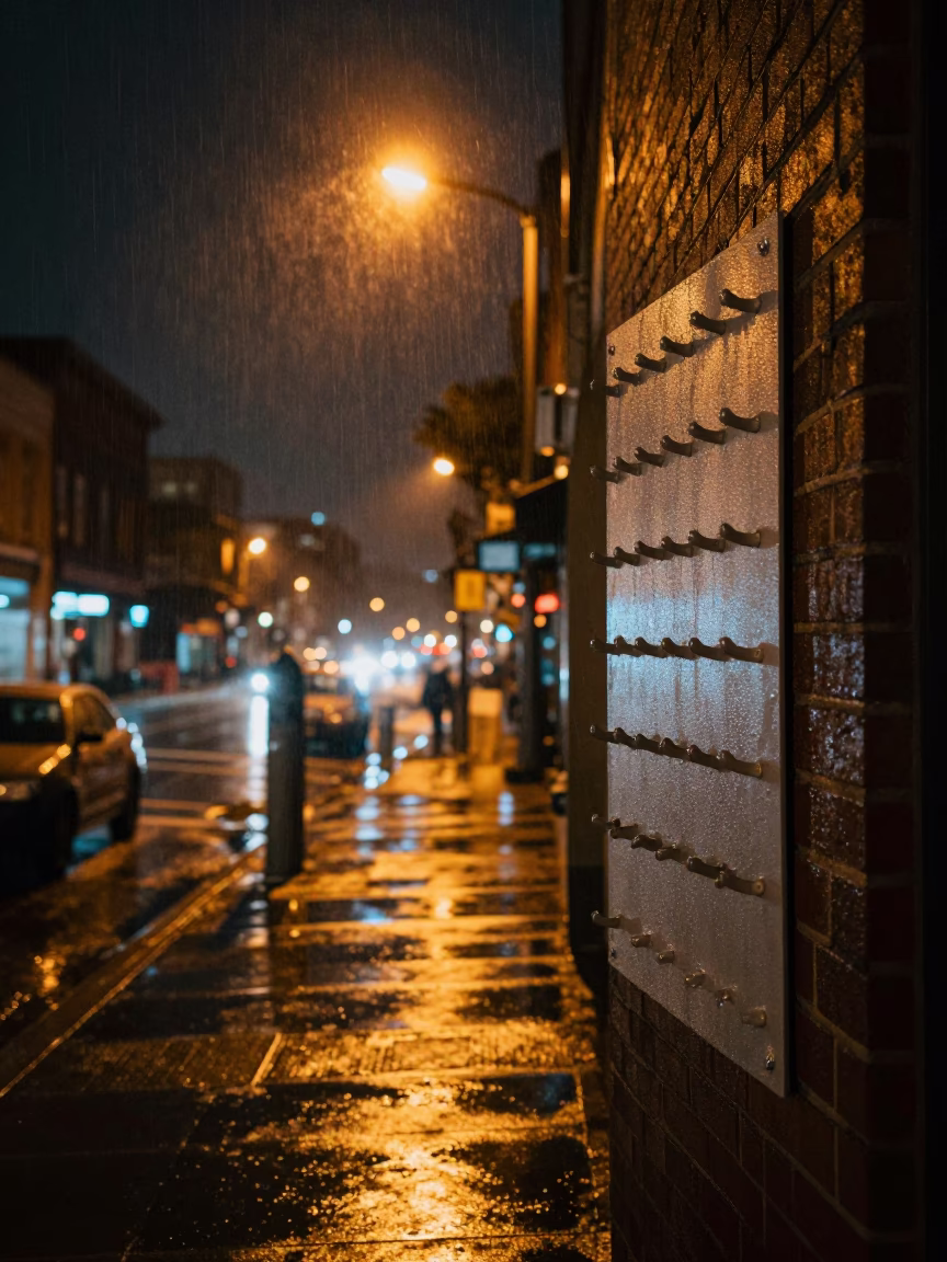Nighttime Portland Oregon Street Scene with Condensation on Hook Plate and Metal Bucket in in Portland, Oregon, United States